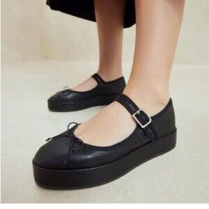 miss left Black Platform Heel Round Toe Mary Jane Bows Strap Buckle Pump